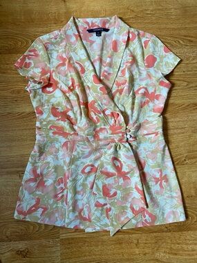 Chadwicks Floral Wrap Blouse Size 4P Petite Pink Short Sleeve Tie Waist